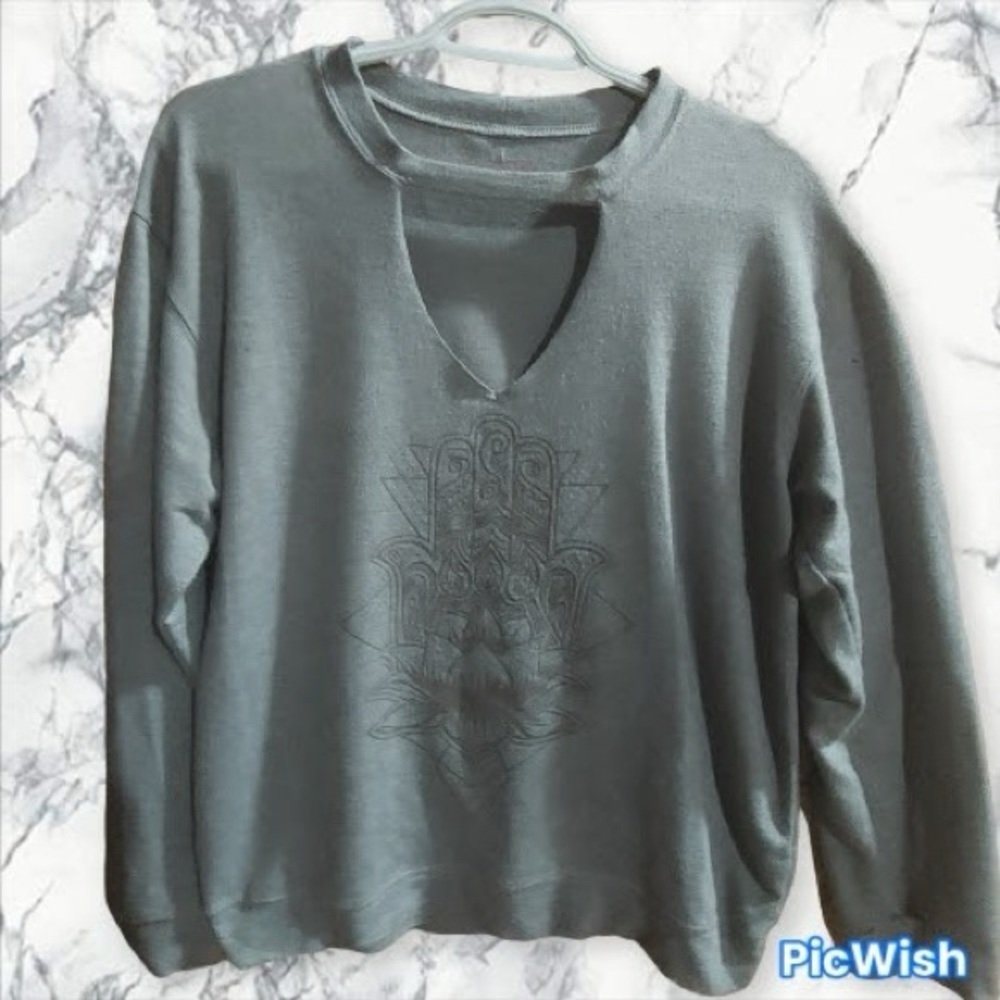 2/$20 Embroidered Hamsa Graphic Pullover Sweatshirt - Grey